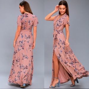 Lulu’s Fiorire Rusty Rose Floral Print Short Flutter Sleeve Wrap Maxi Dress S
